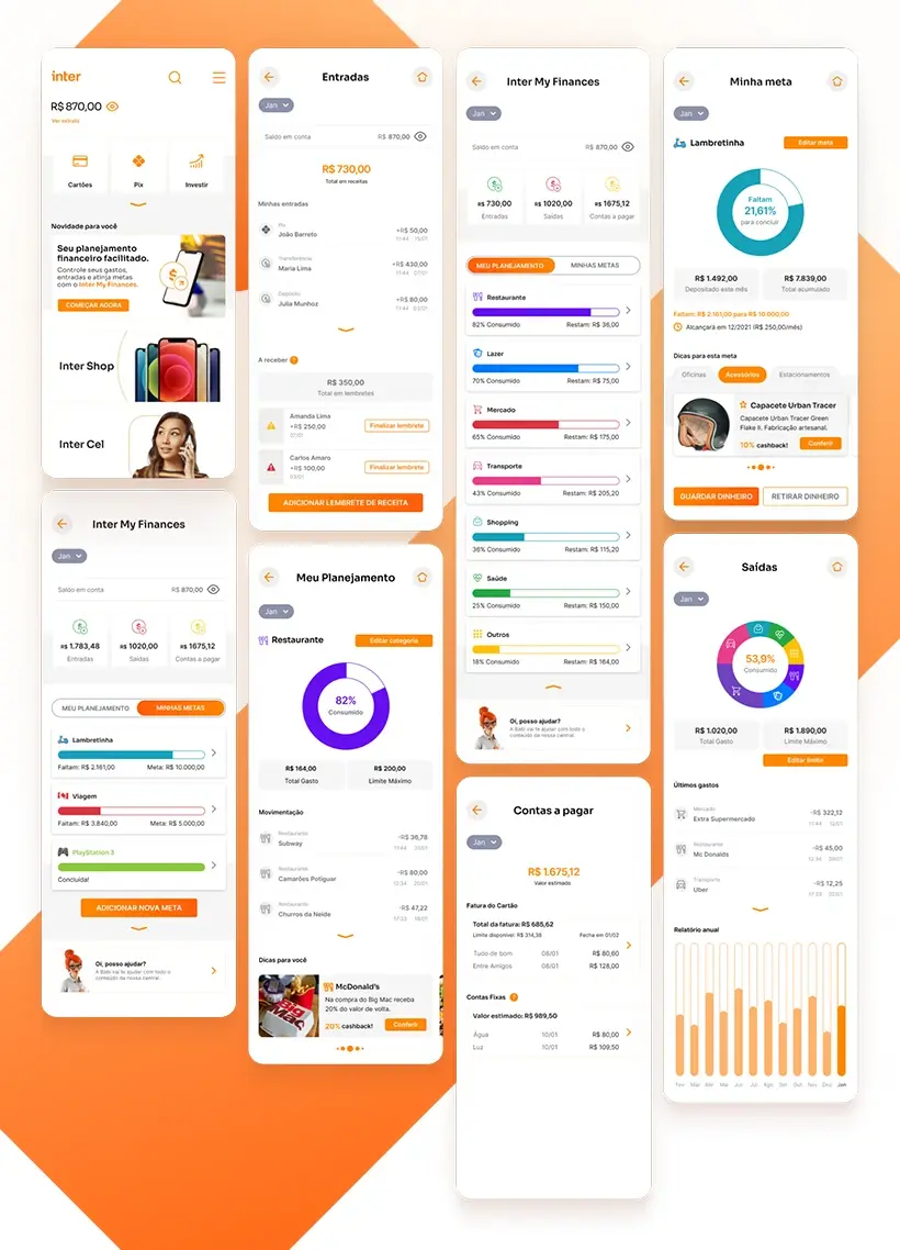 High fidelity prototype screens for the Inter My Finances feature showing the expense overview, category breakdown, and financial goal tracking