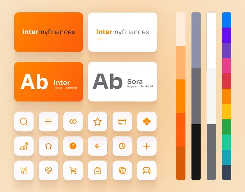 Inter My Finances style guide defining colors, typography, and UI components aligned with Banco Inter's design language