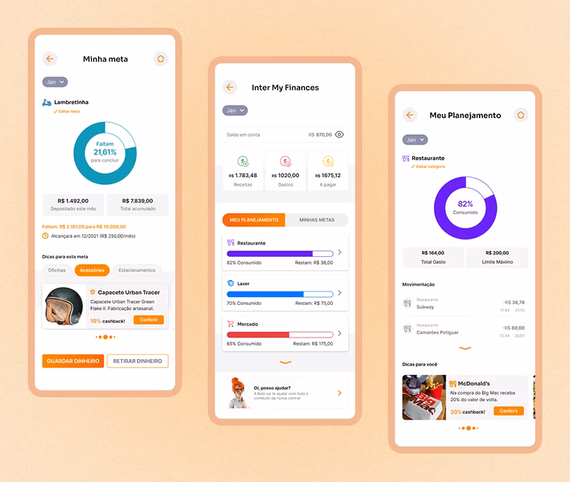 Inter My Finances feature screens showing the expense tracking dashboard integrated with Inter's cashback and investment services