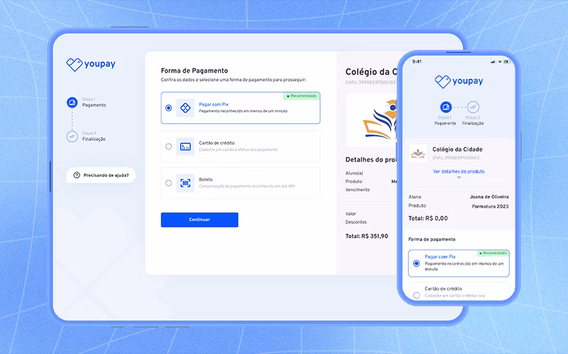 Screenshot of the original Youpay payment flow before the redesign, showing the outdated visual and bank slip as the default payment method