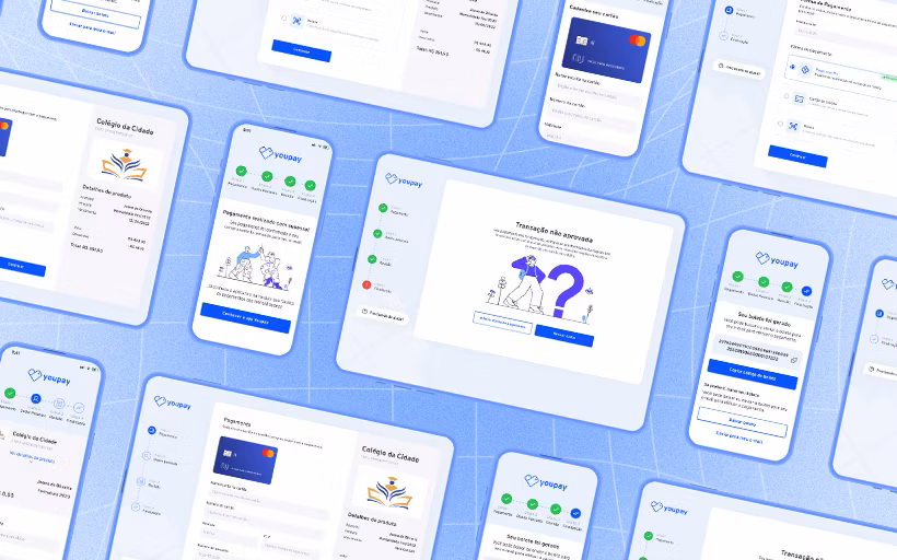 High fidelity prototype screens alongside the Youpay style guide, establishing the visual foundation for the company's first design system