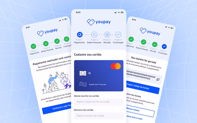 Redesigned Youpay payment screens with the new visual identity, featuring Pix as the highlighted and recommended payment option
